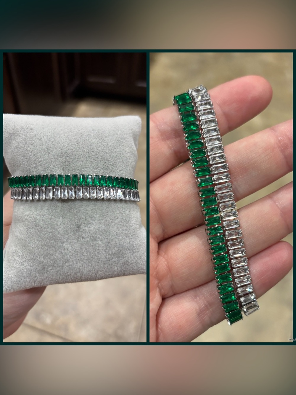 Green and Clear 2 Row Baguette Tennis Bracelet - Women Jewelry